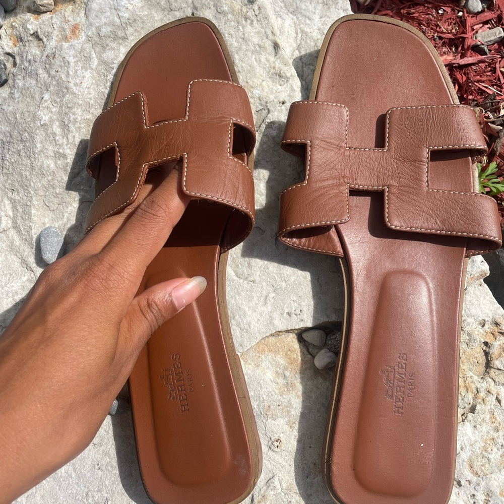 Hermes Brown Leather Sandals with H Cut-Out Design